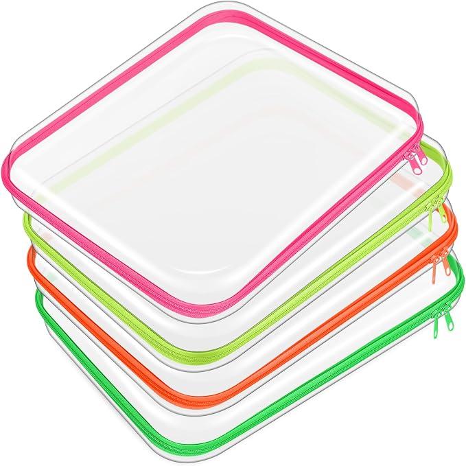 4 Pcs Hard Clear Zipper Case Makeup Bags Plastic Zipper Pouch Transparent Storage Box Containers for Cosmetics, Snacks, Building Blocks, Puzzles(Clear,13.8 x 11.8 x 2 in,Fluorescent) by Hoolerry