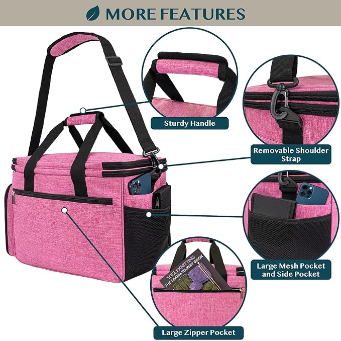 PAVILIA Knitting Bag Yarn Storage Tote - Large Crochet Organizer, Holder for Knitter Projects, Accessories Set, Gifts for Crochet Lovers - Heather Pink - Image 4