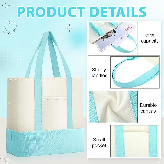 Sanwuta 12 Pcs Mini Canvas Tote Bags Bulk with Pocket Small Sublimation Blank Canvas Tote Reusable Grocery Bag for Women, DIY Craft (Light Blue) - Image 3