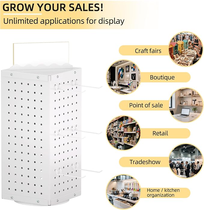 Urban Deco 360° Rotating Pegboard Display Stand with Signage, 4-Sided Spinning Peg Board Stand with 24 Hooks for Jewelry, Earring & Keychain Holder Displays for Craft Shows & Vendor Events (White) - Image 7