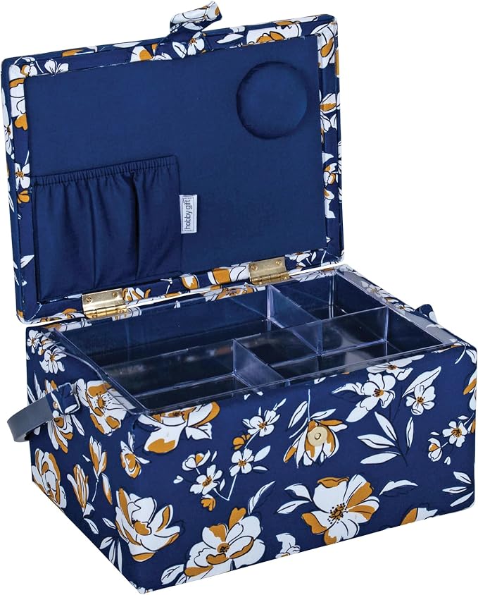 Hobby Gift Medium Sewing Box Organiser, Fabric Covered Storage Box with Handle, Internal Tray, Pin Cushion and Pocket for Sewing, Quilting and Knitting Supplies - Image 7
