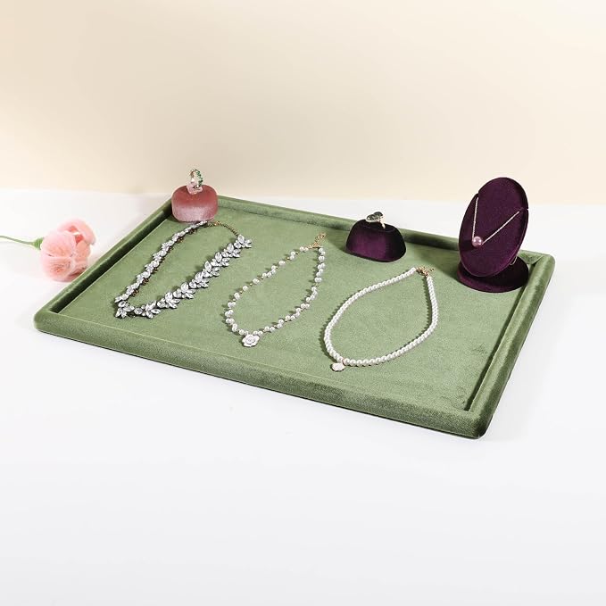 Rectangle Jewelry storage organizer plate, Velvet Jewerly display tray, Empty showcase tray for Necklace Bracelet Ring Earring【Light Green-Large, 17.7 x 11.8 in 】 - Image 9