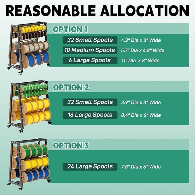 Wire Spool Rack, Adjustable Cable Organizer, 8-Rod Cord Reels | With Locking Wheels for Electrical Industrial Warehouse Reel Storage 400 lbs Capacity Wire Spool Holder up to 12 Spools Rods - Image 2
