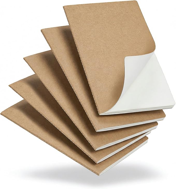 5 Pack Blank Kraft Notebooks A5, Unlined Composition Journals, 60 Pages | 80gsm Cream Paper, 8.3x5.5 Inches Softcover For Sketch Writing, School, Office, Artists & Students by Foliom