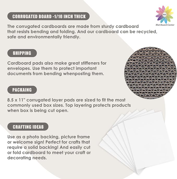 Mat Board Center, 100 Pack 8.5x11 Inch Corrugated Cardboard Sheets | Flat Cardboard Inserts for Mailing, Packaging & Shipping, Cardboard Backing, Craft Card Board (White on one side) - Image 7