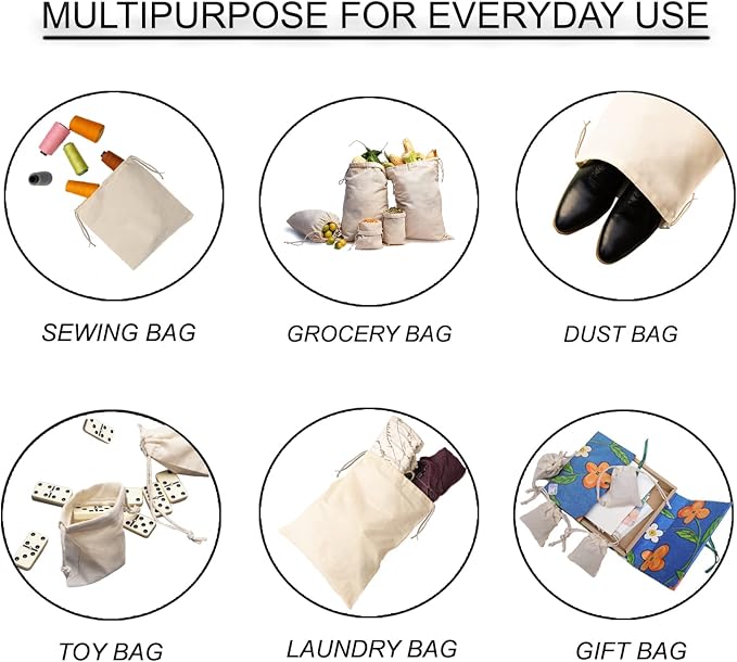 8x12 inches Natural Cotton Double Drawstring Reusable Produce Muslin Bags – Multipurpose Drawstring Storage Pouch for Everyday Use (Pack Of 1) - Image 5