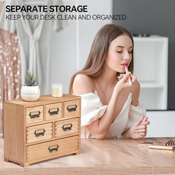 KIRIGEN Wooden Desk Organizer with 6 Drawers, Label Holders, Natural 3D6CG | Fully Assembled Solid Wood Cabinet Stores Office Supplies, Crafts, Makeup, and Small Accessories on Desks or Counters - Image 8