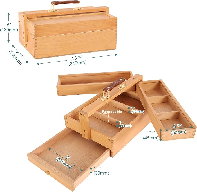 Multi-Function Artist Storage Box, Portable Solid Beech Wooden Tool Box with Drawer, Three Layers Art Supplies Storage Box for Paint Brush, Pen, Pastel, Paining Supplies, 13 1/2" x9 1/2"x5" - Image 2