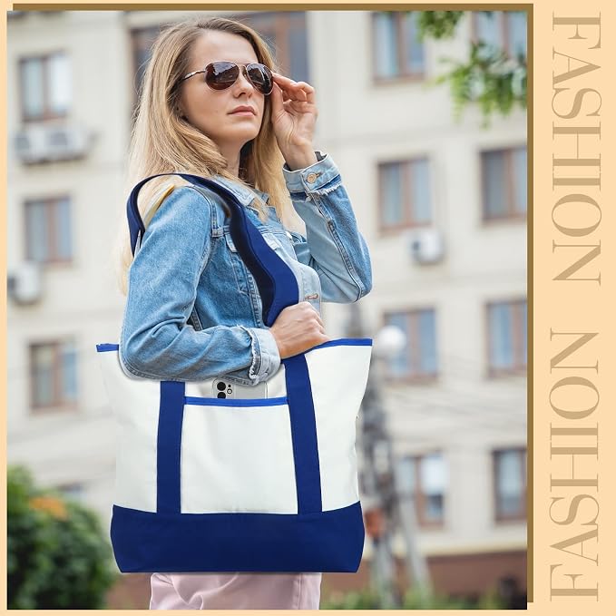 Reginary 16 Pcs Women Canvas Tote Bag 18 Inch Reusable DIY Bag,Blue White | Reusable Shopping Grocery Tote, Thick Washable, Blank Bags Bulk for Holiday Party Favors DIY - Image 6