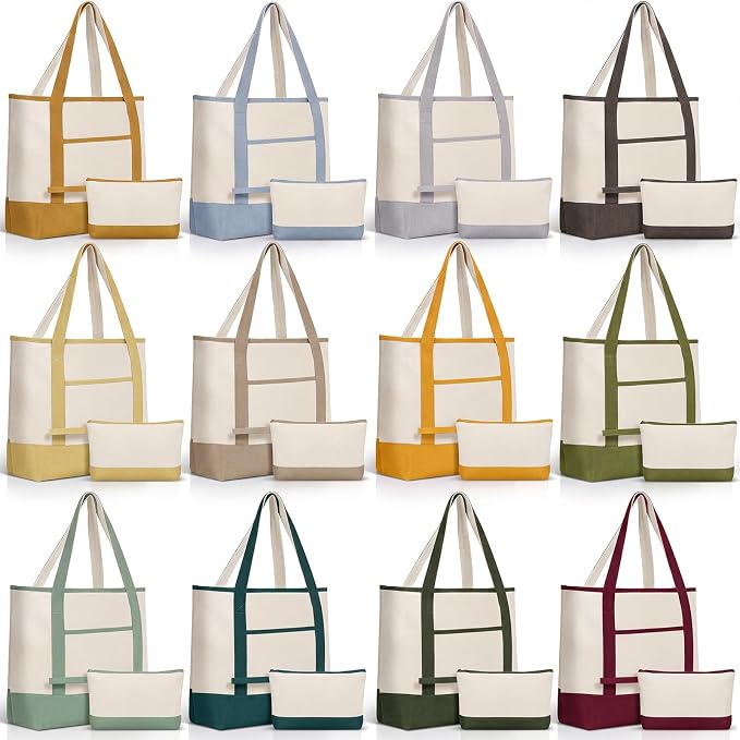 Sanwuta 24 Pcs Canvas Tote Bags Bulk with Outer Pocket and Makeup Pouch 18'' Reusable Grocery Bags with Handles for Women Beach DIY (Boho) by Sanwuta