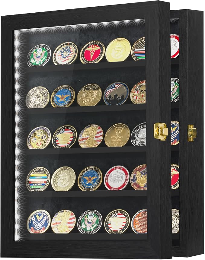 Coin Display Case 11"x14" with LED Challenge Military Coin | Holder Wooden American Flag Medal Poker Chip Wall Cabinet Decor Gift for Collector, Grandfathers, Fathers, Comrade-in-arms by Kacorn