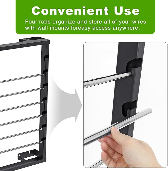 SELEWARE Wall Mount Wire Spool Rack, Cable Dispenser with 6 Adjustable Rods | Heavy Duty Steel Cable Reel Holder, Wire Rack for Industrial, Electrical, and Retail Storage and Display (Black) - Image 4