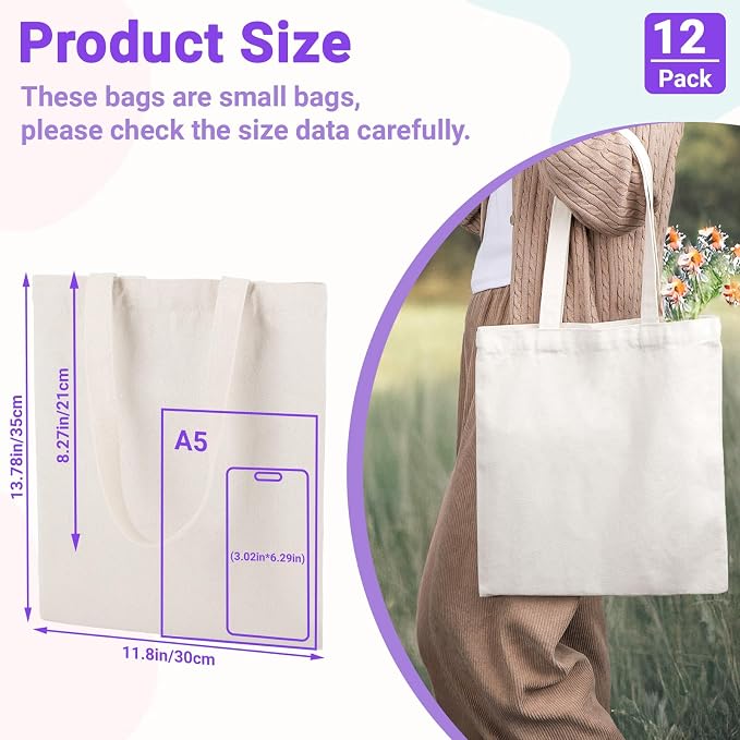 Segarty Small Blank Tote Bags, 12 Pack 11.8x13.78 Canvas Tote Bag for Women, Reusable Plaid Tote Bag Bulk with Natural Cotton for DIY, Birthday Parties, Bridal Gifts, Goodie, Christmas Celebrations - Image 2