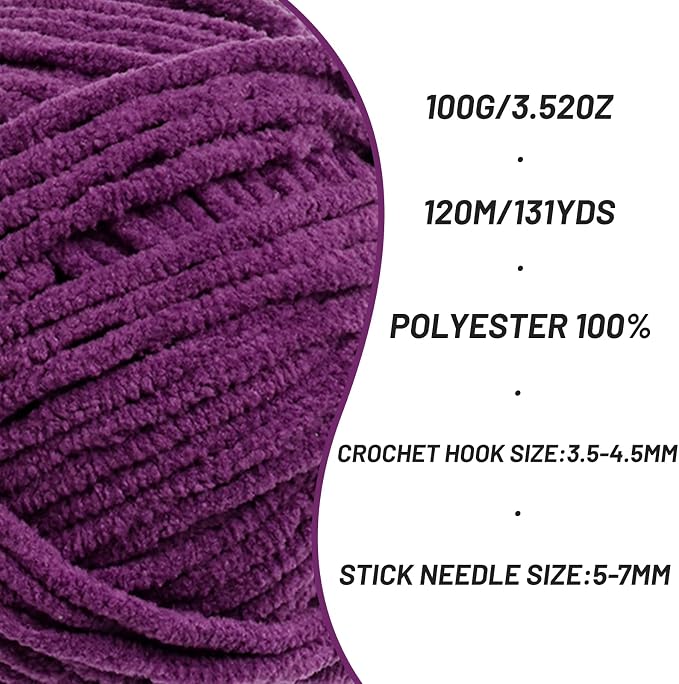 Plush Chenille Chunky Crochet Yarn - Baby Yarn for Crocheting Soft - Velvet Yarns Knitting for Blankets Crafts - Fluffy Amigurumi Yarns 100g / 131yd (Dark Purple) - Image 2