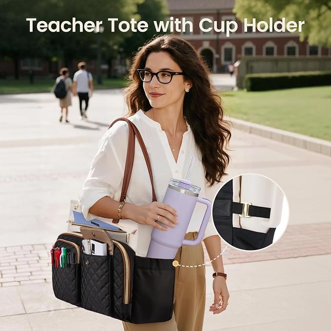 LOVEVOOK Tote Bag with Large Cup Holder, Work Tote Bags for Women, Large Capacity Teacher Tote with Multi Pockets, Nurse Diaper Bag with Padded Laptop Compartment, 15.6 Inch Light Green Beige - Image 4