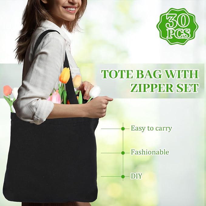 Silkfly 30 Pcs Canvas Tote Bags Bulk 16.5x13.4'' Blank Cotton Canvas Bag with Zipper Handles Reusable Plain Grocery Makeup Handbag for DIY(Black) - Image 5