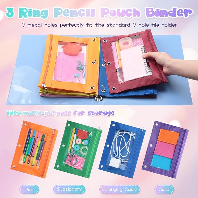 Leinuosen 64 Pack Pencil Pouch Bulk for 3 Ring Binder, Pencil Case with Zipper and Clear Window 8 Assorted Color Storage Bag for Office, Back to School Classroom Supplies - Image 4