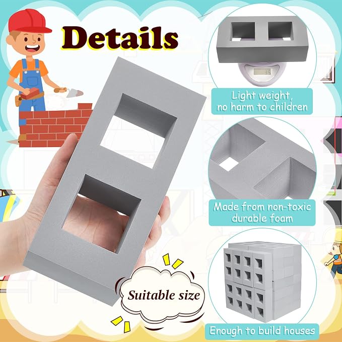 Zhanmai 50 Pack Foam Bricks Building Blocks for Kids Foam Cinder Blocks Large Fake Bricks Toy for Stacking and Construction 8 x 4 x 2.4 Inches(Square) - Image 3