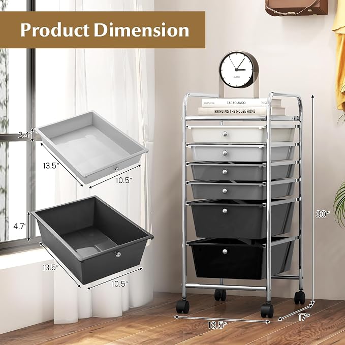 DREAMADE Rolling Cart with Storage Drawers, Utility Cart with Removable Plastic Drawers, Lockable Wheels, Art Cart for Classroom Organization Art Supplies Office Scrapbook (6 Drawers, Mixed-black) - Image 3
