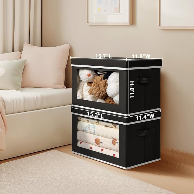 Large Storage Baskets Bins with Lids - Stackable Cube Bins for Closet, 3 Pack Black Windows Organizer Bins, Home Organizers and Storage for Clothes, CD, Towels - Image 2