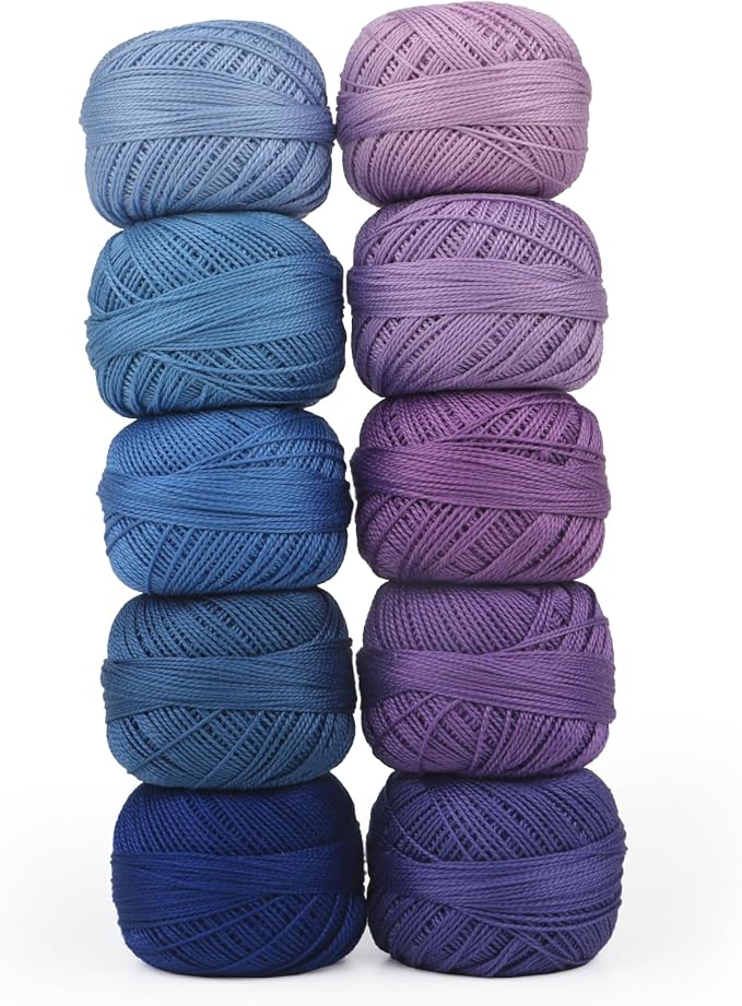 Size 8 Double Mercerized Egyptian Long Staple Cotton Pearl Thread 10 Grams (87 Yards)/Ball Crochet Thread 10 Colors per Box for Crochet Hardanger Cross Stitch Hand Embroidery (Set E) by AmoHilosThread