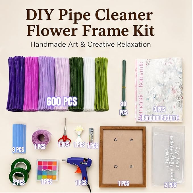 Pipe Cleaner Craft Kit, 600 Pcs Chenille Stems with Complete DIY Floral Craft Supplies, Hot Glue Gun, Picture Frame, Wrapping Paper for Family Fun, Creative Art Projects, Holiday and Room Decoration | Beginner's Kit，Thick Chenille Stems, Hot Glue Gun, ... - Image 2