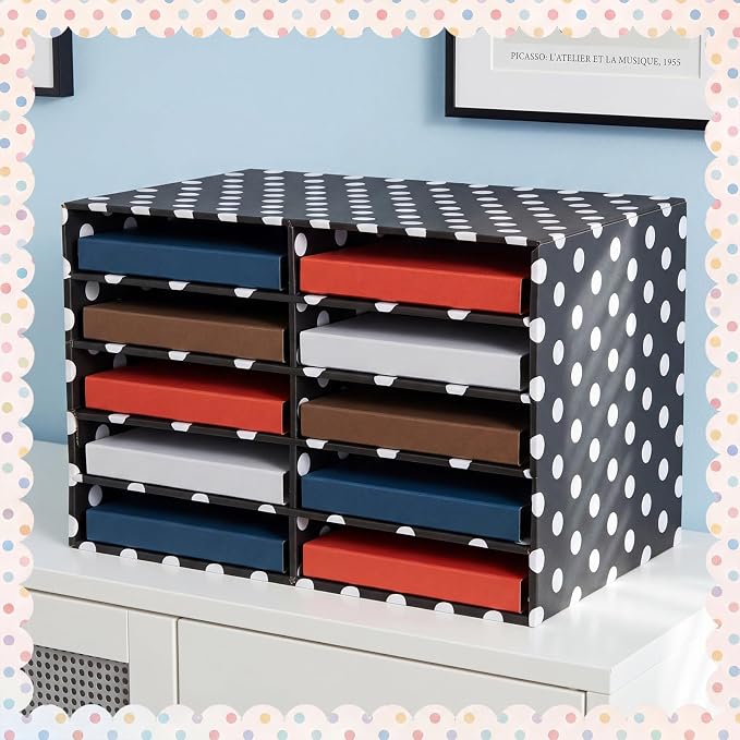 Eaasty 2 Pack 10 Slot Paper Storage Organizer, Back to School Construction Paper Holder for Office, Home, and School Use, 20.5 x 12.4 x 13.3 Inches(Polka Dots,Black) - Image 5