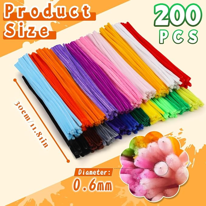 200 Pcs Pipe Cleaners, 20 Colors Pipe Cleaner Craft Chenille Stems | Black Pipe Cleaners Bulk Chenille Stems Craft Supplies for DIY Cleaning Home Decorations - Image 2