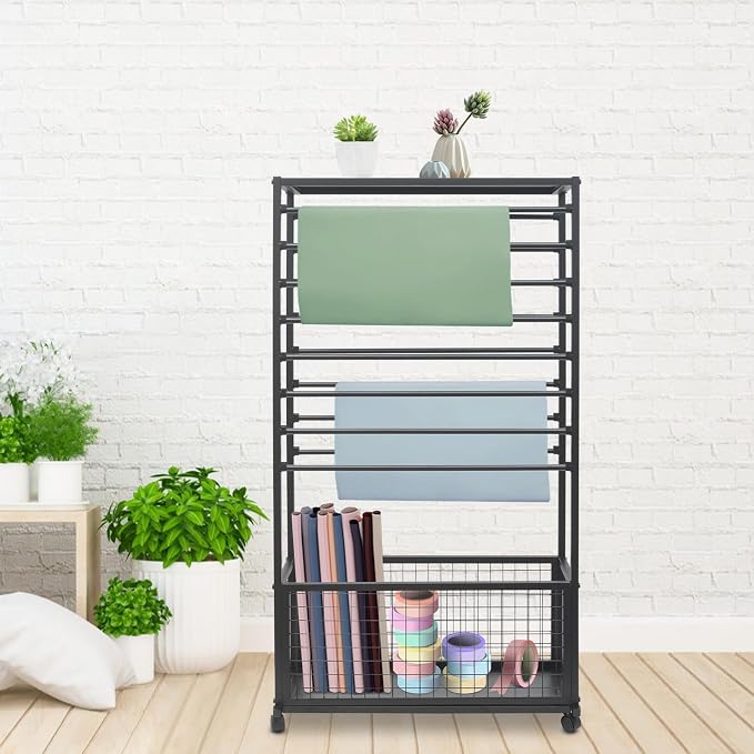 Double-Sided 16 Tier Ribbon Wrapping Paper Organizer Rack | 31.5"x12.6"x59" Large Capacity Ribbon Stand with Top Shelf, Ribbon Holder and Gift Bag Storage Organizers, Save Space (Black) - Image 3