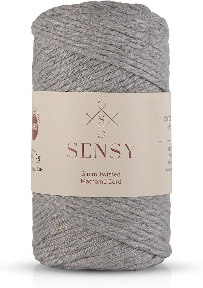 S Sensy 3mm Twisted-Vegan Recycled Cotton Macrame Cord Light Gray 109 Yards by SSENSY