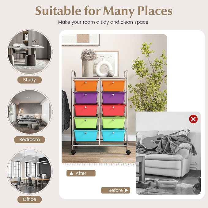 RELAX4LIFE Rolling Storage Cart with 10 Drawers - Craft Storage Cart with Lockable Wheels,Utility Cart, Art Cart Organizer for Crafting Storage, Studio, Office, Home, School Rolling Drawer Cart - Image 7