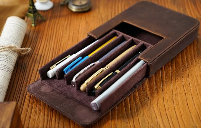 Leather Fountain Pen Case Collector Organizer,Pencil Case Handmade Pen Protective Sleeve (Magnetic 6 slots) - Image 6