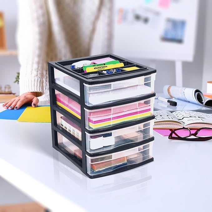 Gracious Living 4-Drawer Desktop and Countertop Storage Organizer Drawer Set, Plastic Office Desk Organizer, Black/Clear - Image 2