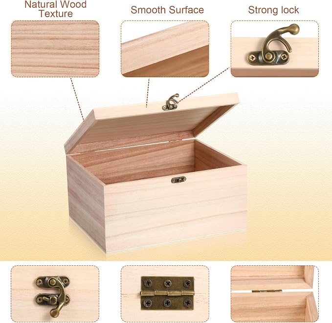 Yookeer 15 Pcs Large Unfinished Wooden Box with Hinged Lid and Front Clasp, Rectangle Unpainted Crafts DIY Wood Boxes Treasure Chest Stash Box for Art Gifts Jewelry Home Storage, 10.6x8.1x5.7 Inch - Image 4
