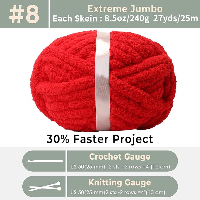 Chunky Chenille Yarn for Hand Knitting 8 Jumbo Pack Chunky Yarn for Hand Soft Blanket Knitting, Bulky Thick Fluffy Yarn for Crocheting (Red) - Image 2