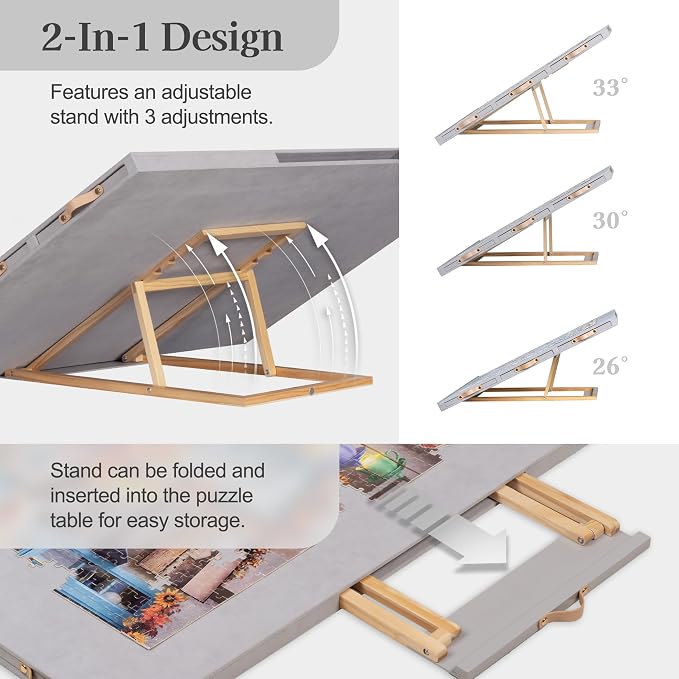 Tektalk Flannelette Covered Jigsaw Puzzle Table with Integrated Adjustable Stand & Cover, 3-Tilting-Angle Wooden Plateau Portable Puzzle Board with 6 Sorting Drawers, for Up to 1500 Pieces (Gray) - Image 2
