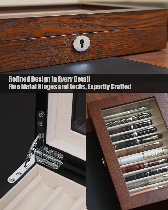12-Slot Fountain Pen Collector Case – Lockable Wooden Organizer with Glass Display Top, Premium Storage Box for Writing Instruments and Gift for Men - Image 5