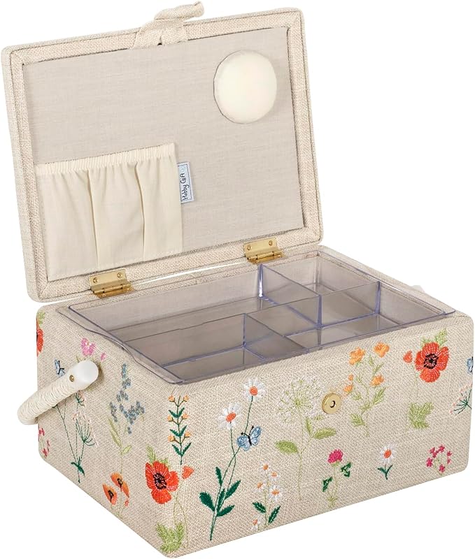 Hobby Gift Medium Sewing Box Organiser | Fabric Covered Storage Box, Handle, Internal Tray, Pin Cushion and Pocket, For Sewing, Quilting and Knitting Supplies - Image 3