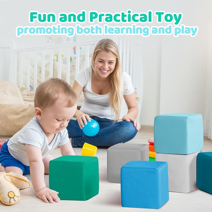 Foam Building Toys for Toddlers: 6-Pieces Waterproof PU Leather Soft Foam Blocks - Colorful Large Stacking Blocks - Early Learning Construction Toys Play Set for Kids Indoor Birthday Gift (Modern) - Image 3