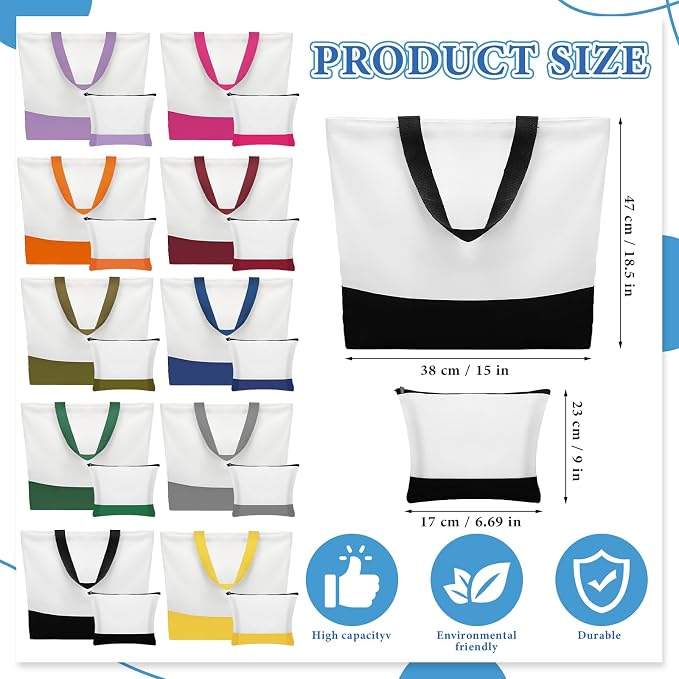 20 Pcs Large Canvas Tote Bag and Makeup Bags Bulk ReusableTote | Sublimation Blank Grocery Shopping Bags and Zipper Cosmetic Bags for Women DIY Craft Gift Travel Supplies, 10 Colors - Image 4