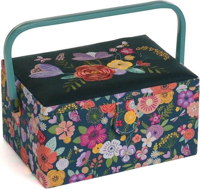 Hobby Gift Medium Sewing Box Organiser, Fabric Covered Storage Box with Handle, Internal Tray, Pin Cushion and Pocket for Sewing, Quilting and Knitting Supplies by HobbyGift