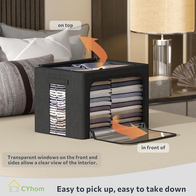 CYhom 3Pack Foldable Storage Bins - Frame Storage Box Linen Fabric Stackable Clothes Container Organizer with Clear Window & Carry Handles Large Capacity (Extra Large-100L, Black) - Image 2