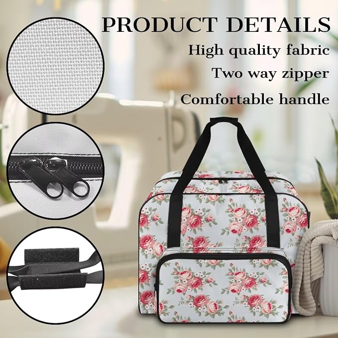 Rose Sewing Machine Carrying Case Portable Tote Bag Heavy Padded Sewing Machine Dust Cover Large Capacity Handbag for Sewing Machines Sewing Machine Bag for Home Use - Image 4