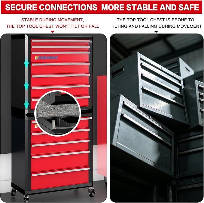 5 Drawer Rolling Tool Chest with Wheels,Lockable Tool Cabinet,Red | 360° Wheels with Brakes, Locking System, Waterproof Multifunction Top, Connect Rods for Stacking with Same Series Cabinet - Image 5