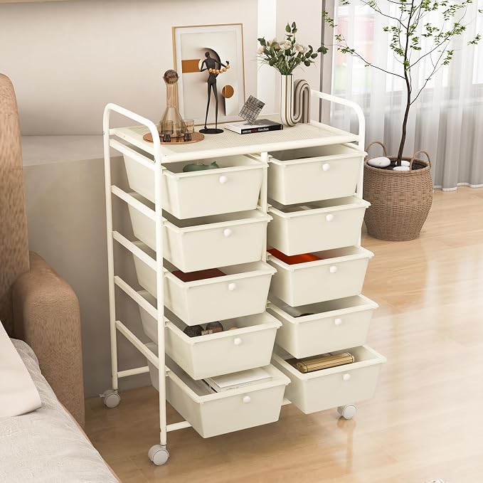 RELAX4LIFE 10 Drawer Storage Cart - Ivory Metal Frame Rolling Art Cart Organizer with Lockable Wheels, Utility Cart for Crafting Storage, Office, Home, School - Image 8