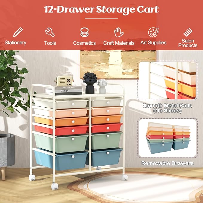 DREAMADE Rolling Cart with Storage Drawers, Utility Cart with Removable Plastic Drawers, Lockable Wheels, Art Cart for Classroom Organization Art Supplies Office Scrapbook (12 Drawers, Macaron) - Image 4