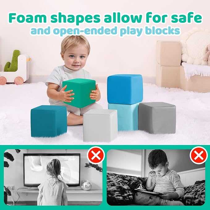 Foam Building Toys for Toddlers: 6-Pieces Waterproof PU Leather Soft Foam Blocks - Colorful Large Stacking Blocks - Early Learning Construction Toys Play Set for Kids Indoor Birthday Gift (Modern) - Image 8