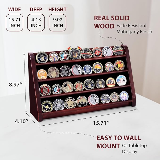 Challenge Coin Display Case, 4 Row Solid Wood Military Coin Holder Rack Stand Holds 30 Coins for Desk or Wall Mount, Coin Holders for Collectors (Mahogany Finish) - Image 2