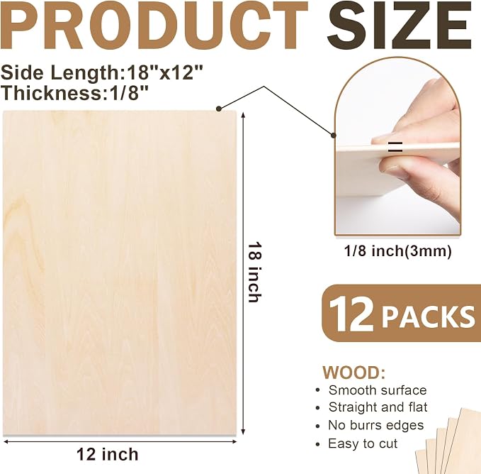 12 Pack Basswood Sheets for Crafts,18"x12"x1/8" 3mm Thick Plywood Sheets with Smooth Surfaces-Unfinished Squares Wood Boards for Laser Cutting, Wood Burning, Architectural Models, Staining - Image 2