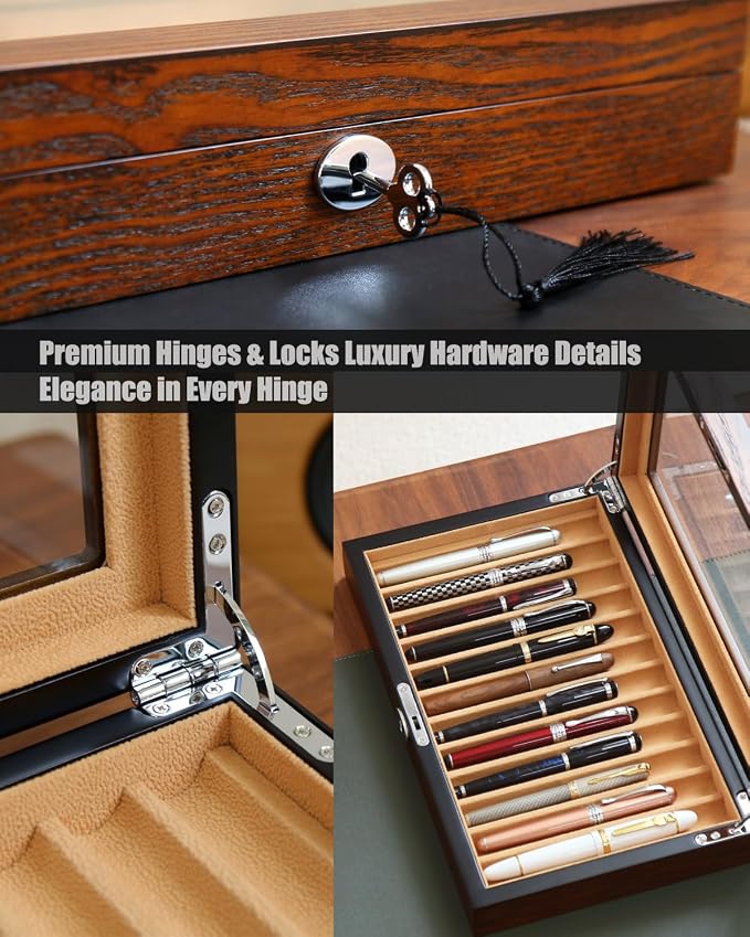 Fountain Pen Display Case with 12 Pens, Wood Pen Display Box, Lockable Pen Storage Box with Glass Top, Pen Box Organizer, Pen Collection Display Case (Brown with Camel Velvet) - Image 6